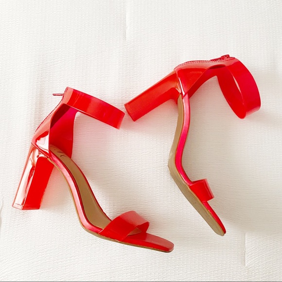 Cherry Red Ankle Strap Square Toe Square Vinyl Heels - Picture 11 of 12